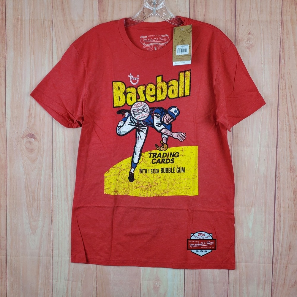 Mitchell & Ness Mens T-Shirt Sz Medium Red Baseball Trading Cards Crew Neck